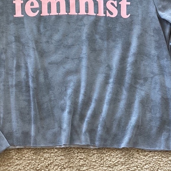 Grey ‘FEMINIST’ Cropped, Long Sleeve Top - Picture 4 of 7